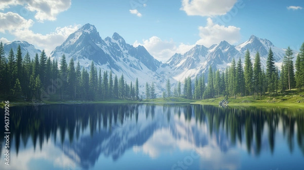 Obraz Stunning Alpine Mountain Landscape with Crystal-Clear Lake Reflecting Snow-Capped Peaks and Lush Pine Forests under a Brilliant Blue Sky