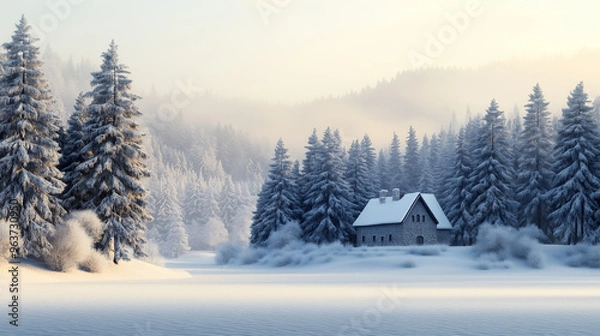 Fototapeta Tranquil Winter Wonderland: Pristine Snow-Covered Landscape with Ancient Castle/Cottage and Majestic Pine Trees Under Soft White Sky