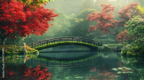 Fototapeta Moss-Covered Bridge in Tranquil Japanese Garden with Vibrant Red Maple Leaves and Calm Reflective Pond
