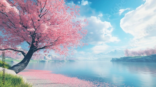 Fototapeta Enchanting Cherry Blossom Tree in Full Bloom with Delicate Pink Petals Under Bright Blue Sky and Serene River