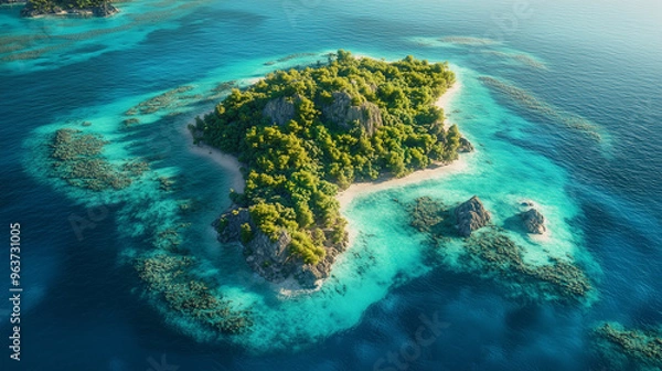 Fototapeta Aerial View of Tropical Island with Crystal-Clear Turquoise Water, Vibrant Coral Reefs, and Lush Green Vegetation