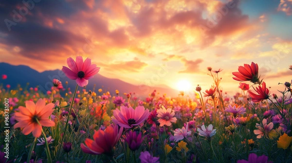 Obraz Exotic Blooming Flower Field at Sunrise: Vibrant Colors and Intricate Details Under Dramatic Sky