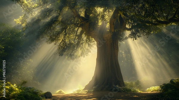 Fototapeta Majestic Giant Sequoia Tree in Ethereal Mist with Sunlight Beams – Awe-Inspiring Nature Scene