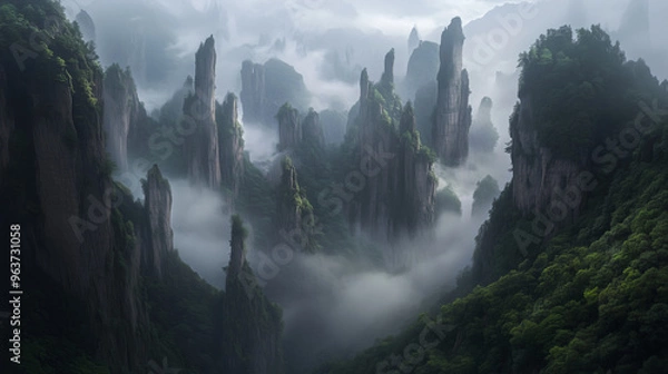 Fototapeta Dreamy towering pillars made of sandstone rising from valleys covered in lush and mist around.