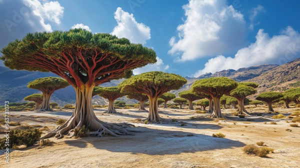 Fototapeta Dragon's Maw Tree Forest on Tatooine - Red-Foliaged Trees with Dramatic Roots, Desert Landscape, Mountains, and Sunny Blue Sky
