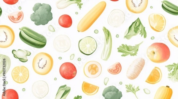 Fototapeta Seamless Vector Graphic Design of Vegetables on White Background with Green Lines