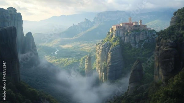 Fototapeta Mesmerizing Cliffs with Ancient Monasteries on Towering Rocks, Illuminated by Soft Morning Light, Surrounded by Lush Forest and Serene Valley