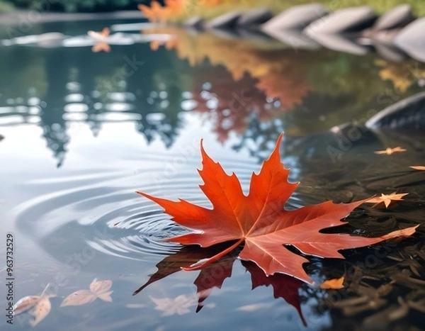 Fototapeta A red maple leaf floating on the surface of a calm, rippling body of water, with a blurred natural background