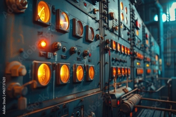 Fototapeta Control panel for a nuclear power plant with various indicators and controls