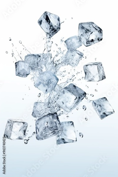 Fototapeta Falling ice cubes with water splashes on white background