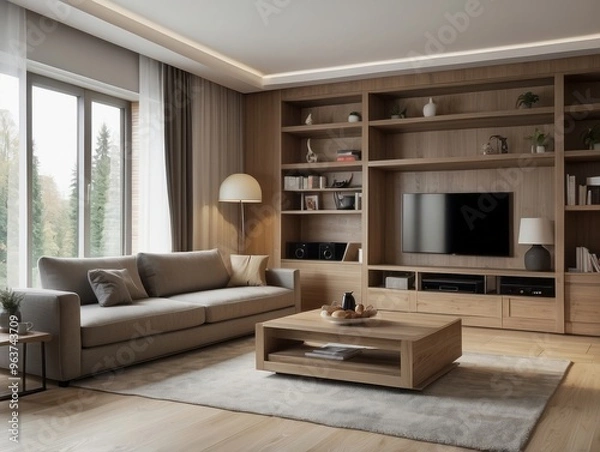 Fototapeta Modern Living Room with Large Window and Built-in Shelving Unit