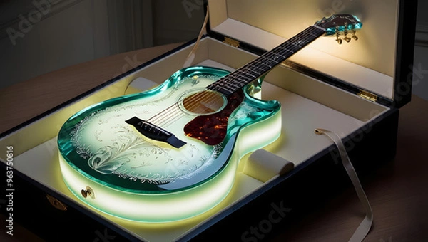 Fototapeta glow in the dark glass guitar elegantly displayed in a box, illuminated by a soft light, showcasing its unique design.