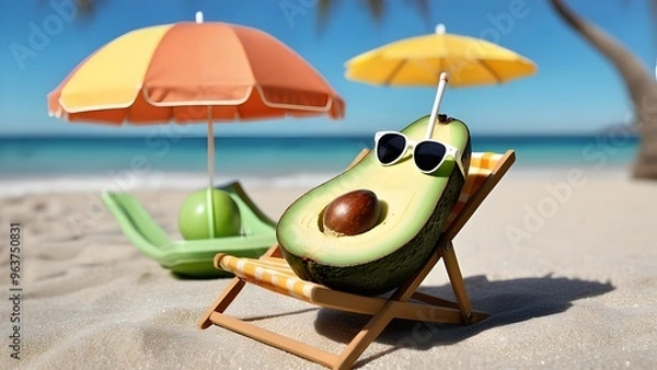 Obraz slice of avocado sunbathing on a beach chair, with a tiny umbrella in one hand and its pit as a beach ball by its side. The avocado is wearing oversized shades and looks completely relaxed.