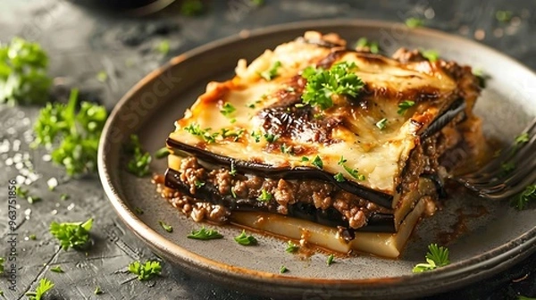 Fototapeta A Serving of Classic Moussaka with Layers of Eggplant, Meat Sauce, and Béchamel, Garnished with Fresh Parsley on a Rustic Ceramic Plate Perfect for Traditional Mediterranean Meals