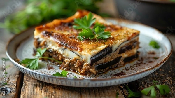 Fototapeta Rustic Ceramic Plate with Classic Moussaka Layers of Eggplant, Meat Sauce, and Béchamel, Garnished with Fresh Parsley Offering a Traditional Mediterranean Dining Experience