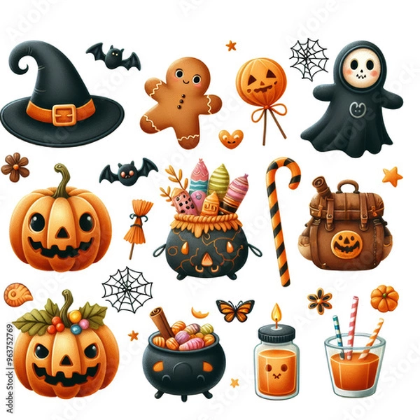 Fototapeta A collection of adorable Halloween-themed icons featuring pumpkins, a witch hat, candy, bats, a cauldron, and other festive elements in a cute style.