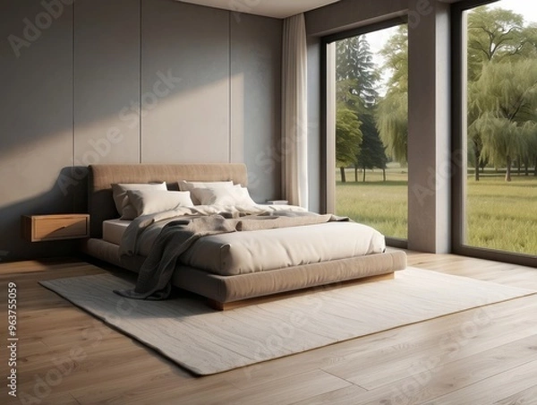 Fototapeta Modern Minimalist Bedroom with Large Windows and View of Grassy Field