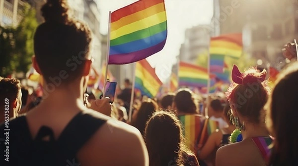 Obraz Crowd waving rainbow flags during pride parade under bright sunlight