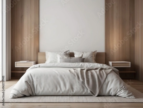 Fototapeta Minimalist Bedroom Interior with a White Bed and Wooden Accents