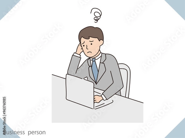 Fototapeta 困った顔をした途方に暮れる、デスクワーク中のビジネスマンのイラスト