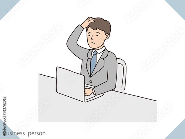 Fototapeta 困った顔をしたデスクワーク中のビジネスマンのイラスト