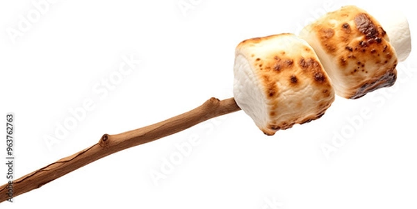 Obraz Close Up to a Toasted marshmallow PNG on a stick isolated on white and transparent background - Campfire treat Sweet marshmallow dessert