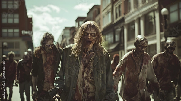 Fototapeta "Chaotic streets filled with hordes of undead zombies during a terrifying zombie apocalypse outbreak."