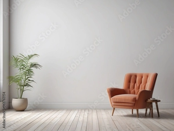 Fototapeta A Minimalist Interior Design with a Coral Armchair, a Side Table, and a Plant in a Pot