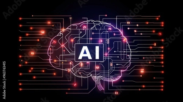Fototapeta A digital AI brain set within high-tech circuitry, highlighting the blend of artificial intelligence and advanced electronic systems.