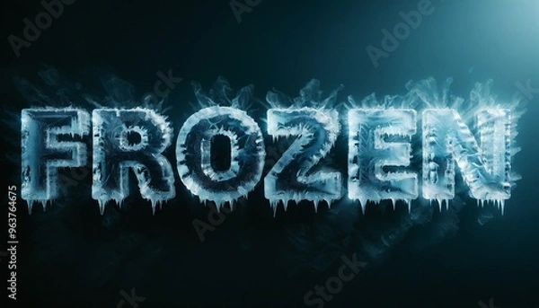Fototapeta 3D Render of a dark blue background with the word "FROZEN" in white letters with ice dripping off of it.