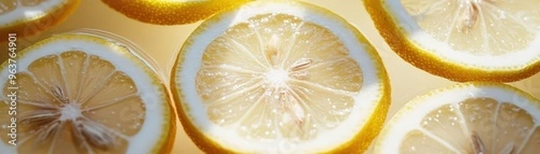 Fototapeta Lemon slices floating in iced tea, highlighting their refreshing nature, focus on the slices, vibrant, double exposure, summer garden backdrop