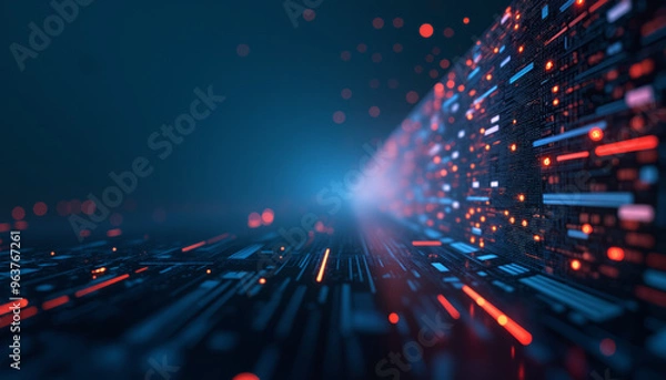 Fototapeta digital futuristic grid , circuit with red and blue lights arranged in a grid pattern. Advanced technological environment.