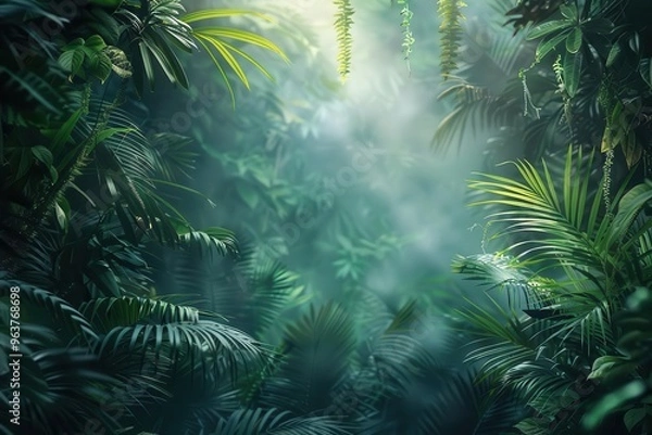 Fototapeta Tropical rainforest with dense foliage, nature background, lush greenery