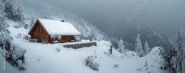 Obraz Snowstorm engulfing a mountain cabin, harsh weather, snow-covered surroundings