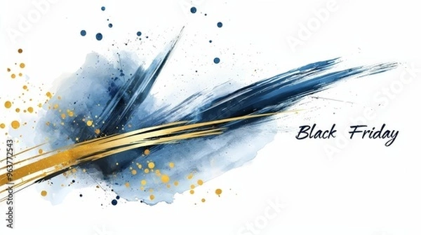 Fototapeta Abstract Black Friday banner featuring dynamic blue and gold brush strokes with paint splashes on a white background promoting sales.