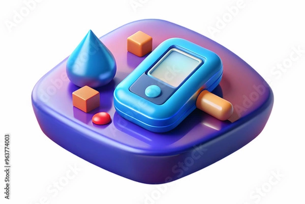 Fototapeta 3D Glowing Abstract Digital Art for World Diabetes Day: Futuristic Blood Sugar Monitoring Device with Geometric Patterns & Neon Blue Awareness Background