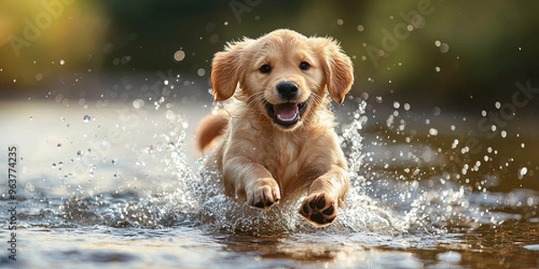 Fototapeta A cute golden retriever puppy running through the water, generative AI