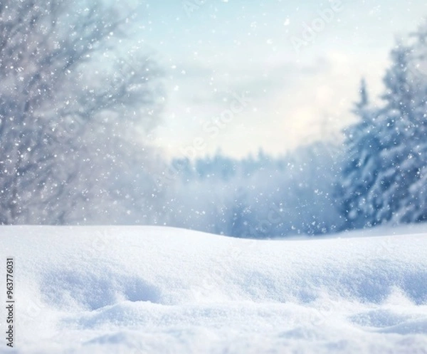 Fototapeta Snowy landscape with soft snowdrifts and gentle falling snow, set against a blurred background of winter trees and a cloudy sky