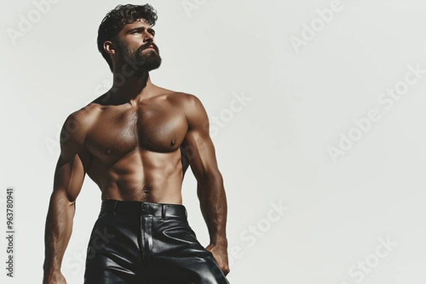 Obraz Famous Gay, Queer Art concept. Portrait of a biker bodybuilder wearing black leather clothing, looking up, posing on white background. Text space. Studio shot