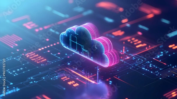 Fototapeta 3D AI Cloud Computing Icon Linked to Financial Graph: Vector Illustrating Benefits of AI-Driven Cloud Technology for Cost Management on White Background
