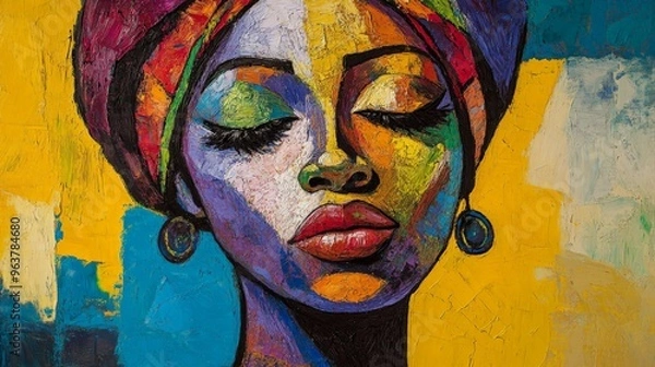 Fototapeta Colorful artistic portrait of woman in headwrap with serene expression and closed eyes. Vibrant abstract background.