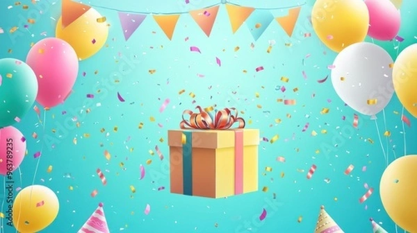 Fototapeta A colorful birthday party with a pink box in the middle
