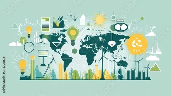 Fototapeta A green background with many icons and symbols, including a clock, a house