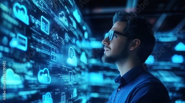 Fototapeta A man gazes at digital data and technology visuals, symbolizing innovation and analysis.