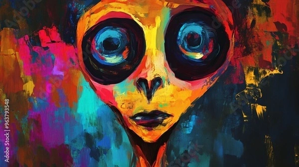 Fototapeta Vibrant abstract painting with a surreal, expressive face in bold colors, conveying mystery and emotion.