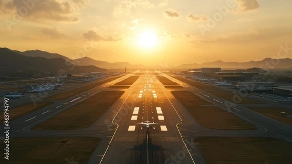 Fototapeta A plane is taking off from an airport runway