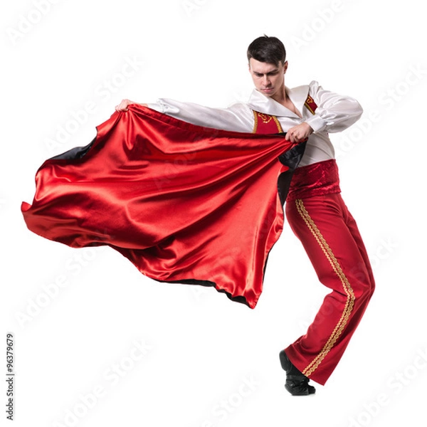 Fototapeta Dancing man wearing a toreador costume. Isolated on white in full length