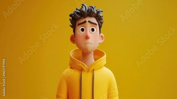 Fototapeta A stylized animated character with a worried expression, wearing a yellow hoodie against a yellow background.