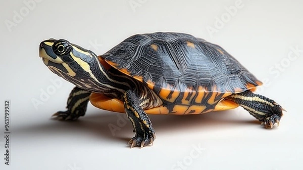 Obraz Painted turtle in mid-walk on plain white backdrop