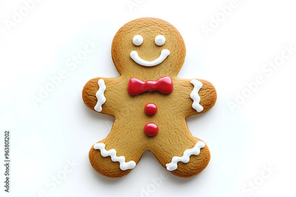 Fototapeta A gingerbread man cookie with a red bow tie and white icing, isolated on a white background.
